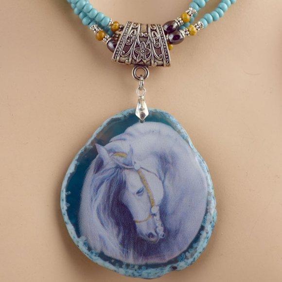White Horse Printed Agate Necklace Earring Set - Picture 4 of 5